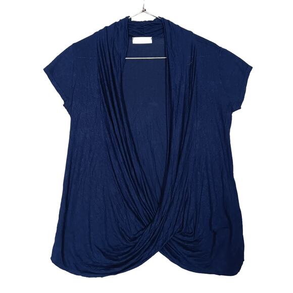 Free To Live Overlap Draped Cardigan Size Medium Navy Blue Short Sleeve - Picture 4 of 7